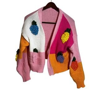 Women Open Knit Sweater Cardigan Medium Pink Orange Colorblock Fruit Crochet